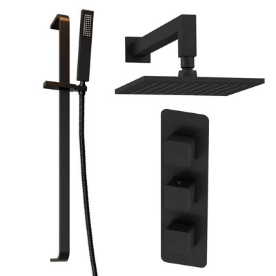 Plum&clay Alberto Black Square 2 Way Concealed Thermostatic Shower Valve With Fixed HeadSlider Riser Rail & Shower Handset from B&Q