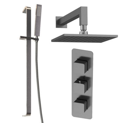 Plum&clay Alberto Gun Grey Square 2 Way Concealed Thermostatic Shower Valve With Fixed HeadSlider Riser Rail & Shower Handset from B&Q