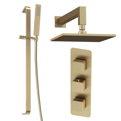 Plum&clay Alberto Gold Square 2 Way Concealed Thermostatic Shower Valve With Fixed HeadSlider Riser Rail & Shower Handset from B&Q