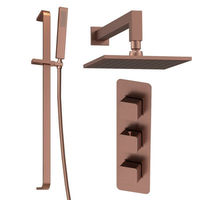 Plum&clay Alberto Bronze Square 2 Way Concealed Thermostatic Shower Valve With Fixed HeadSlider Riser Rail & Shower Handset from B&Q