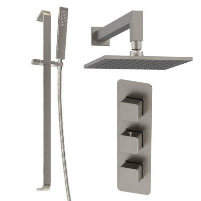 Plum&clay Alberto Nickel Square 2 Way Concealed Thermostatic Shower Valve With Fixed HeadSlider Riser Rail & Shower Handset from B&Q