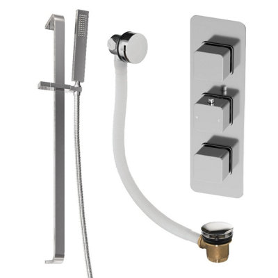 Plum&clay Alberto Chrome Square 2 Way Concealed Thermostatic Shower Valve Slider Riser Rail Shower Handset & Overflow Bath Filler from B&Q