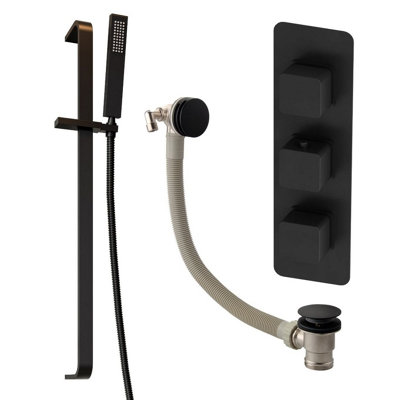 Plum&clay Alberto Black Square 2 Way Concealed Thermostatic Shower Valve Slider Riser Rail Shower Handset & Overflow Bath Filler from B&Q