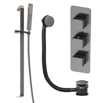 Plum&clay Alberto Grey Square 2 Way Concealed Thermostatic Shower Valve Slider Riser Rail Shower Handset & Overflow Bath Filler from B&Q