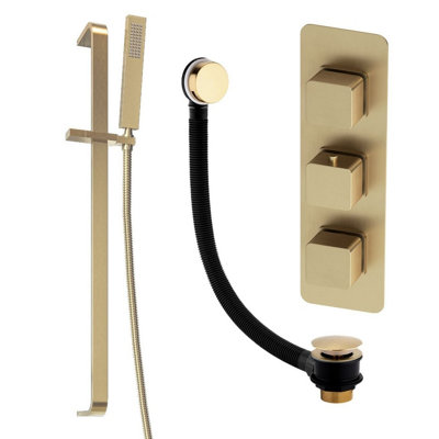 Plum&clay Alberto Gold Square 2 Way Concealed Thermostatic Shower Valve Slider Riser Rail Shower Handset & Overflow Bath Filler from B&Q
