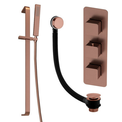Plum&clay Alberto Bronze Square 2 Way Concealed Thermostatic Shower Valve Slider Riser Rail Shower Handset & Overflow Bath Filler from B&Q