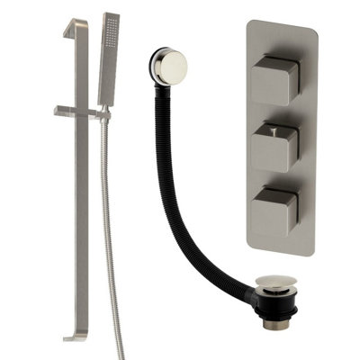 Plum&clay Alberto Nickel Square 2 Way Concealed Thermostatic Shower Valve Slider Riser Rail Shower Handset & Overflow Bath Filler from B&Q