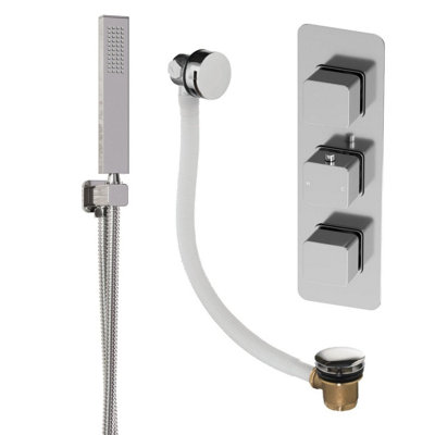 Plum&clay Alberto Chrome Square 2 Way Concealed Thermostatic Shower Valve With Shower Handset & Overflow Bath Filler from B&Q