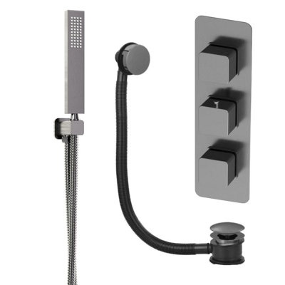Plum&clay Alberto Gun Grey Square 2 Way Concealed Thermostatic Shower Valve With Shower Handset & Overflow Bath Filler from B&Q