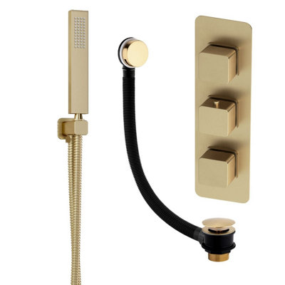 Plum&clay Alberto Gold Square 2 Way Concealed Thermostatic Shower Valve With Shower Handset & Overflow Bath Filler from B&Q