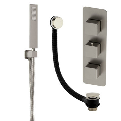 Plum&clay Alberto Nickel Square 2 Way Concealed Thermostatic Shower Valve With Shower Handset & Overflow Bath Filler from B&Q