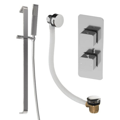 Plum&clay Alberto Chrome 2 Dual Control Concealed Thermostatic Shower Valve Slider Riser Rail Shower Handset Overflow Bath Filler from B&Q
