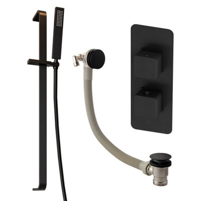 Plum&clay Alberto Black 2 Dual Control Concealed Thermostatic Shower Valve Slider Riser Rail Shower Handset Overflow Bath Filler from B&Q