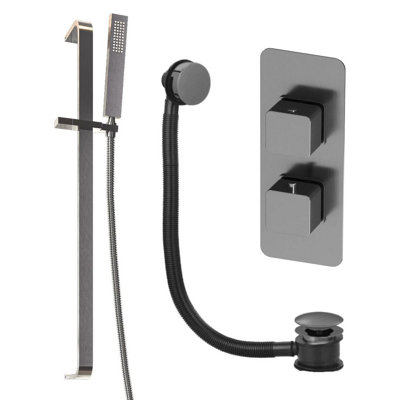 Plum&clay Alberto Grey 2 Dual Control Concealed Thermostatic Shower Valve Slider Riser Rail Shower Handset Overflow Bath Filler from B&Q