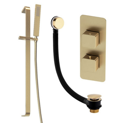 Plum&clay Alberto Gold 2 Dual Control Concealed Thermostatic Shower Valve Slider Riser Rail Shower Handset Overflow Bath Filler from B&Q