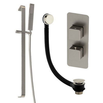 Plum&clay Alberto Nickel 2 Dual Control Concealed Thermostatic Shower Valve Slider Riser Rail Shower Handset Overflow Bath Filler from B&Q