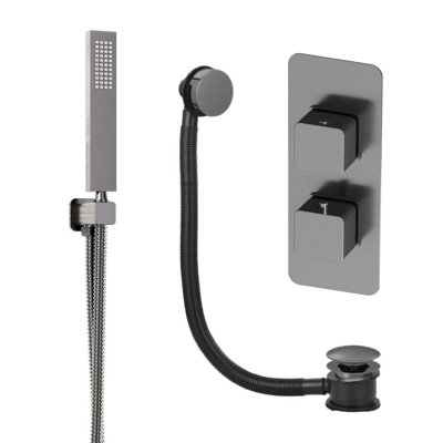 Plum&clay Alberto Grey Square 2 Way Dual Control Concealed Thermostatic Shower Valve With Shower Handset & Overflow Bath Filler from B&Q