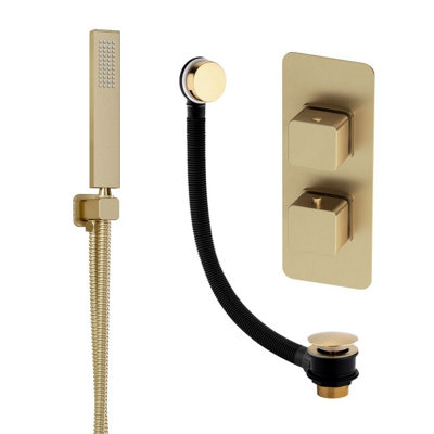 Plum&clay Alberto Gold Square 2 Way Dual Control Concealed Thermostatic Shower Valve With Shower Handset & Overflow Bath Filler from B&Q