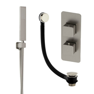 Plum&clay Alberto Nickel Square 2 Way Dual Control Concealed Thermostatic Shower Valve With Shower Handset & Overflow Bath Filler from B&Q
