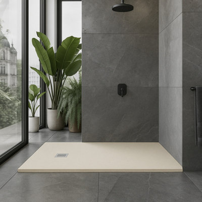 Plum&clay Pia Rectangle Beige Slate Effect Shower Tray (L)1400mm (W)800mm (H)25mm from B&Q