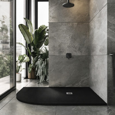 Plum&clay Pia Right Hand Offset Quadrant Black Slate Effect Shower Tray (L)1200mm (W)900mm (H)25mm from B&Q