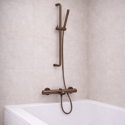 Plum&clay Emilia Brushed Bronze Bath Shower Mixer Tap With Shower Slide Rail Kit & Handset from B&Q