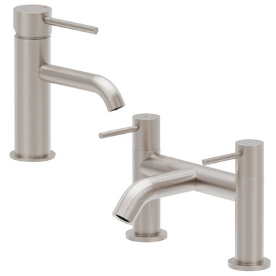 Plum&clay Emilia Brushed Nickel Basin & Bath Tap Round Deck-Mounted Mixer Tap from B&Q