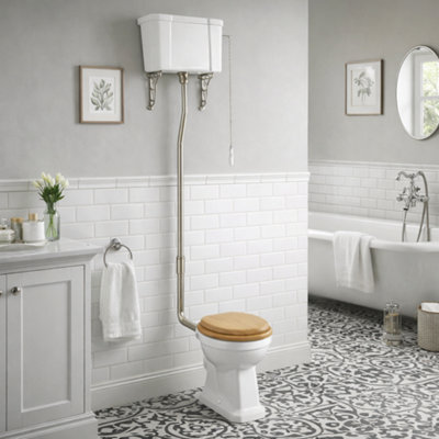 Plum&clay Violet Traditional High Level Toilet With Cistern & Nickel Pipe Pack Traditional Design Ceramic Toilet from B&Q