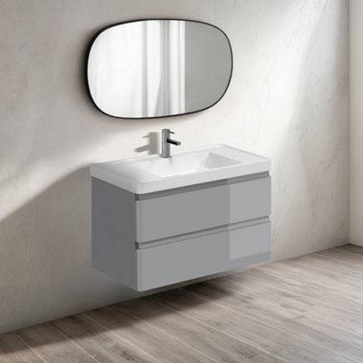 Plum&clay Marvel Wall Hung Bathroom Vanity Unit In Light Grey Gloss With Ceramic Basin (W)900mm from B&Q