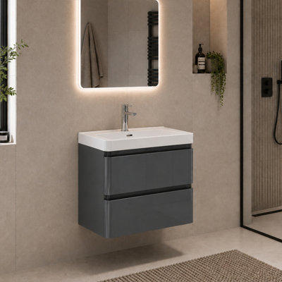 Plum&clay Marvel Wall Hung Bathroom Vanity Unit In Dark Grey Gloss With Ceramic Basin (W)600mm from B&Q