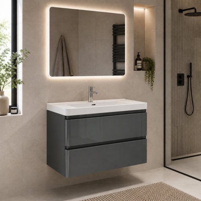 Plum&clay Marvel Wall Hung Bathroom Vanity Unit In Dark Grey Gloss With Ceramic Basin (W)900mm from B&Q
