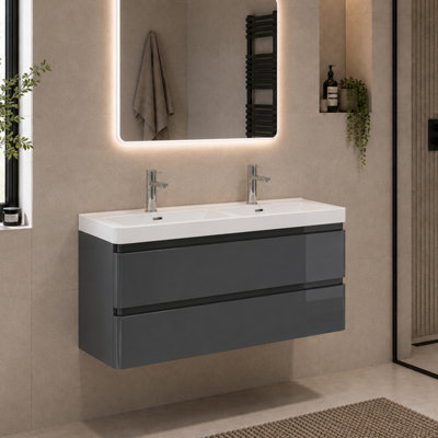 Plum&clay Marvel Wall Hung Bathroom Vanity Unit In Dark Grey Gloss With Ceramic Basin (W)1200mm from B&Q