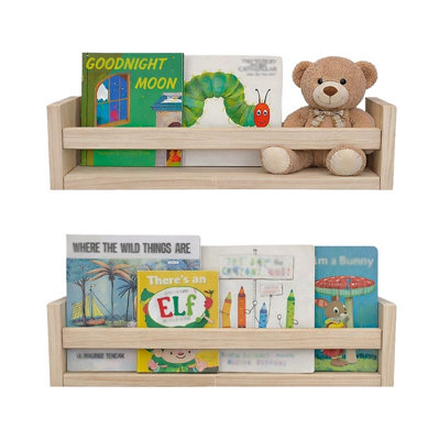 B&Q -  Nursery Book Shelves Set Of 2 Wooden Floating Shelf Nursery Decor Storage Organiser Bookshelf For Baby Books Light Wood