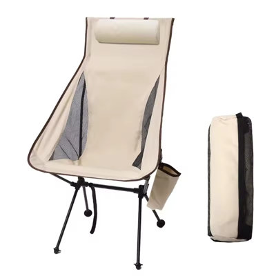  - Beige Lightweight Folding Camping Chair With Headrest Portable Aluminum Outdoor Seat