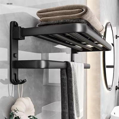 50Cm Matte Black Folding Towel Rack With Hook Wall Mount from B&Q