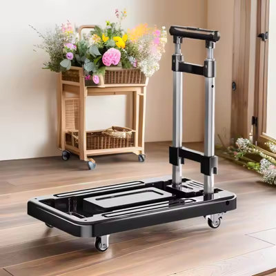  - Black Foldable Wheeled Shopping Cart Portable Trolley For Groceries And Luggage