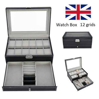 12 Grid Jewelry Watch Box Mens Jewelry Display Drawer Tray Glass Pu from B&Q