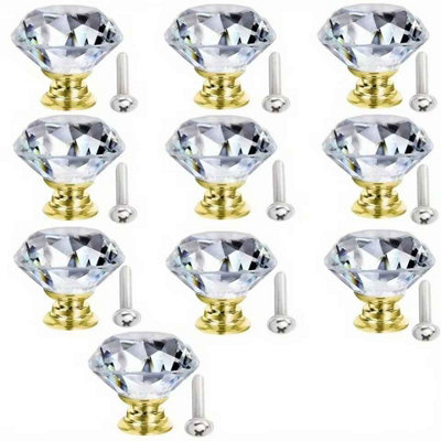 10 Pieces Crystal Glass Cabinet Handles 30mm Diamond Drawer Kitchen Cabinet Dresser Cupboard Wardrobe Handles