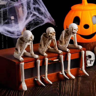  - Halloween Resin Skeleton Statues Set  See Speak Hear No Evil Skull Decor
