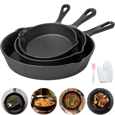 3Pc Cast Iron Frying Pan Set Uncoated Non Stick Cookware For Frying