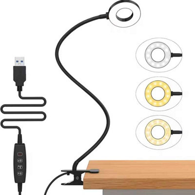 Led Reading Light With Clamp 3 Colors 10 Brightness Levels Flexible Gooseneck Desk Lamp