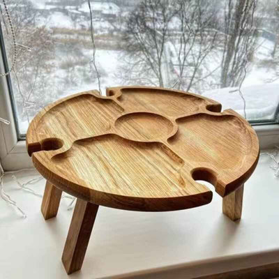  - Wooden Folding Picnic Table With Wine Glass Holder  Round Outdoor Desk