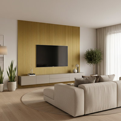 Wood Panel Co Modern Fluted Wall Panels For Feature & Media Walls Water-ResistantFire-RatedEasy Install In Luxe Gold Venetian Arc from B&Q