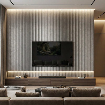 Wood Panel Co Modern Fluted Wall Panels For Feature & Media WallsFire-RatedEasy Install In Champagne Moonstone Arc from B&Q