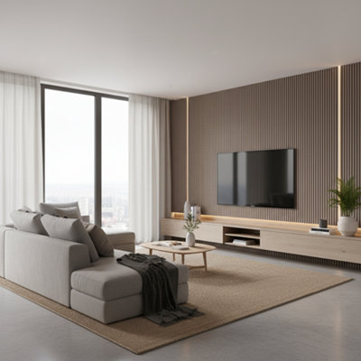 Wood Panel Co Modern Fluted Wall Panels For Feature & Media Walls Water-ResistantFire-RatedEasy Install In Amalfi Linen Box from B&Q
