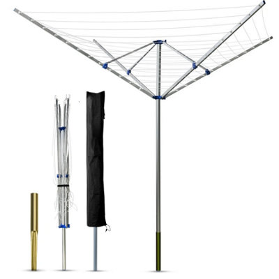  - 4 Arm Aluminium Rotary Airer 50M Lightweight Aluminium Rotary Washing Line Clothes Dryer With Ground Spike & Cover