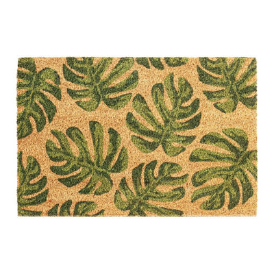 B&Q -  Monstera Leaf Novelty Doormat Tropical Botanical Decorative Natural Coir Welcome Mat Non-Slip Pvc Backing Indoor Outdoor