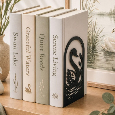 B&Q -  Set Of 2 Swan BookendsDecorative Flat Book Ends For ShelvesBlack