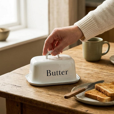 Ckb Ltd Enamel Butter Dish With Lid Traditional Vintage Country Style Butter Storage Container Farmhouse Kitchen Accessory White from B&Q