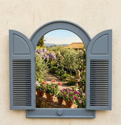 Biznest Arched Top Window Mirror Shutters Grey Plastic Frame Double Door Design Panels Vintage Wall Mounted Rustic 49 X 57 Cm from B&Q